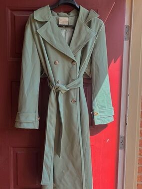 Bagatelle Pastel Mint Green Double-Breasted Trench Coat with Waist Tie